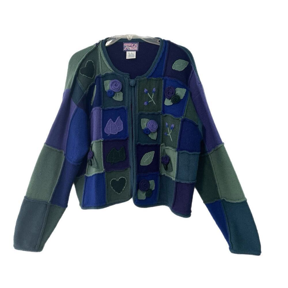 VTG April Cornell Cardigan Sweater Womens M / L Wool Knit Patchwork Embroidered